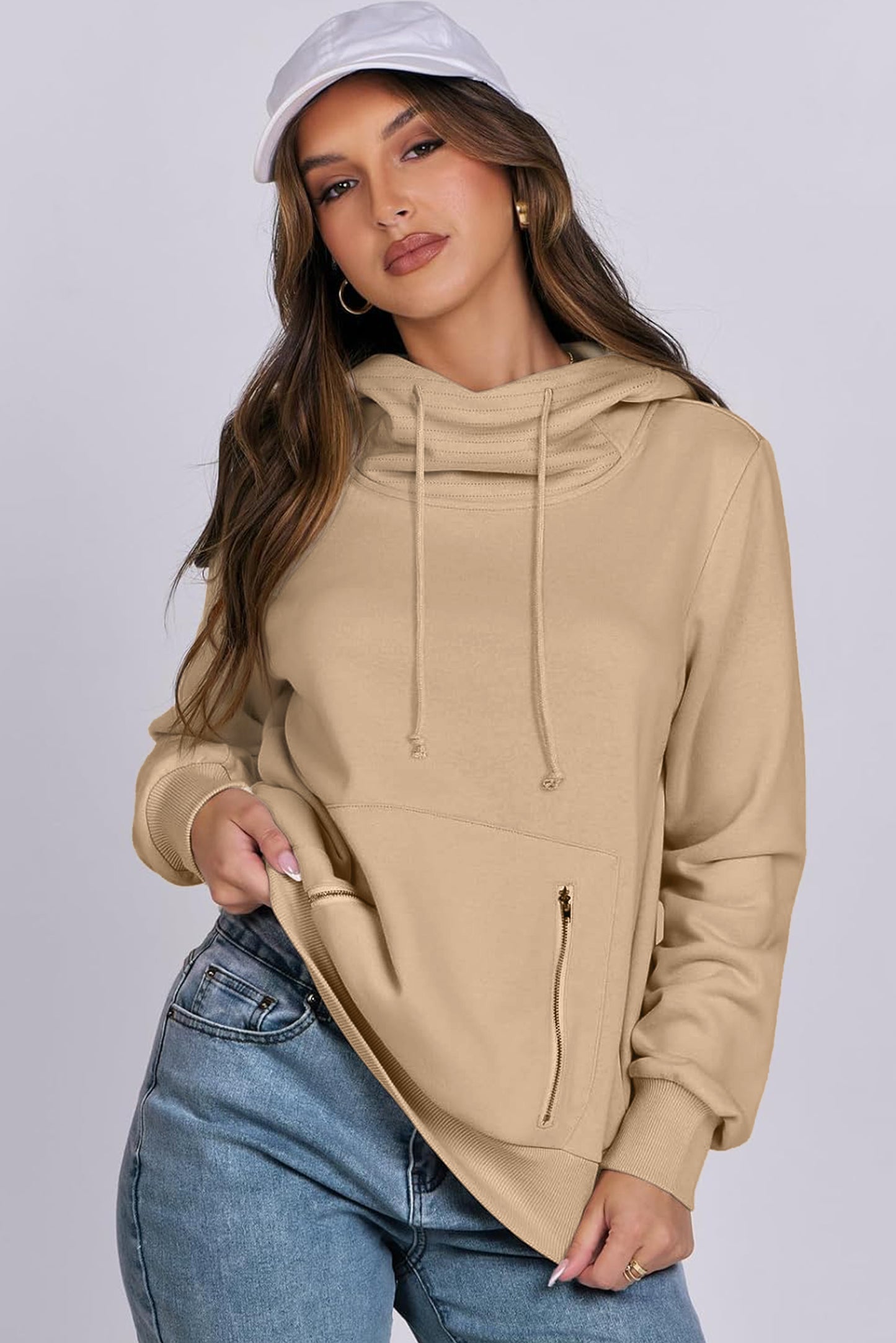 Parchment Cozy Drawstring Hoodie with Zippered Pocket