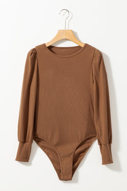 Ribbed brown bodysuit with balloon sleeves *