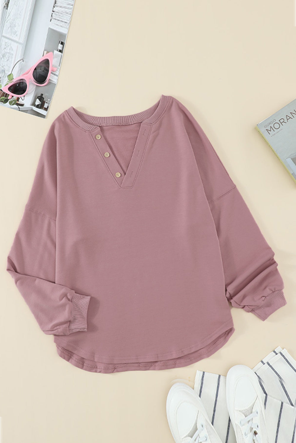 Pink Buttoned V Neck Cotton Loose Fit Top