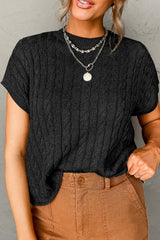 Pull noir à manches courtes et col rond en tricot torsadé