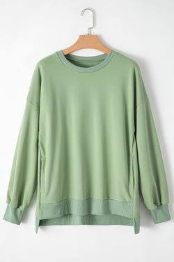 Solid Smoke Green Crew Neck Sweatshirt with High Low Hem