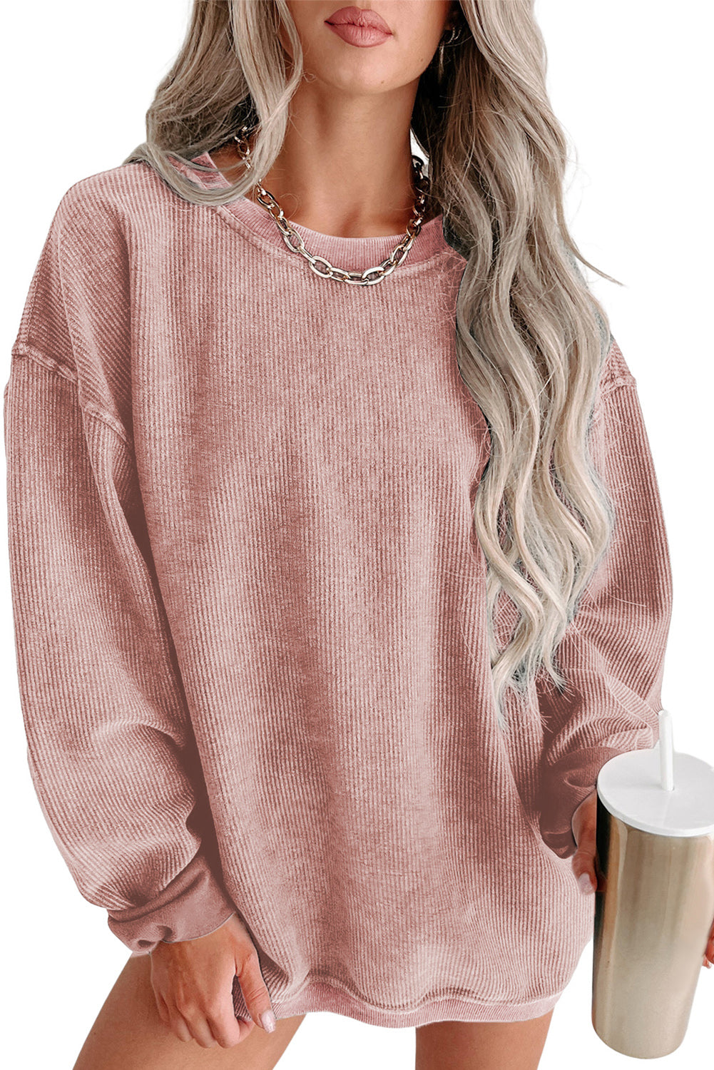 Rosa massiv gerippter Strickrunde Hals Pullover Sweatshirt