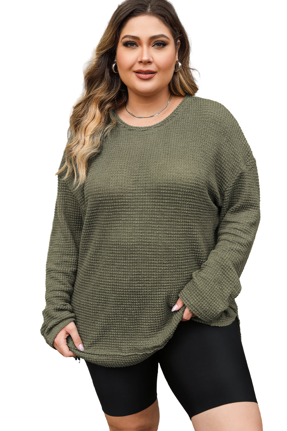 Moss Green Plus Size Textured Knit Long Sleeve Top