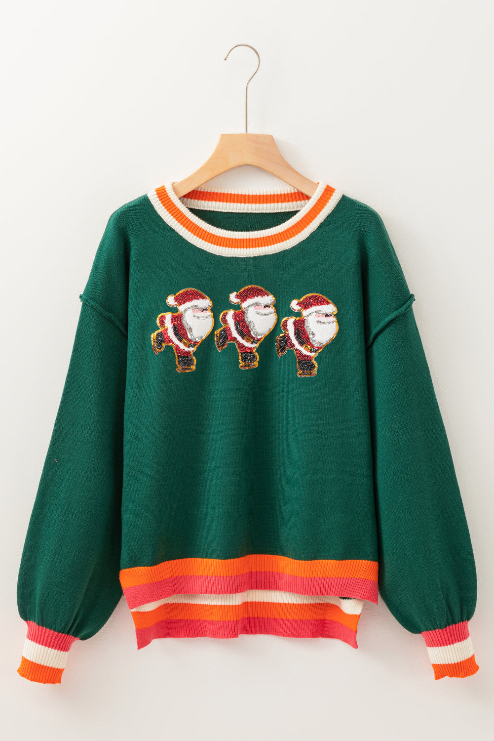 Crew neck sweater with striped trim and glittery Santa motif in blackish green