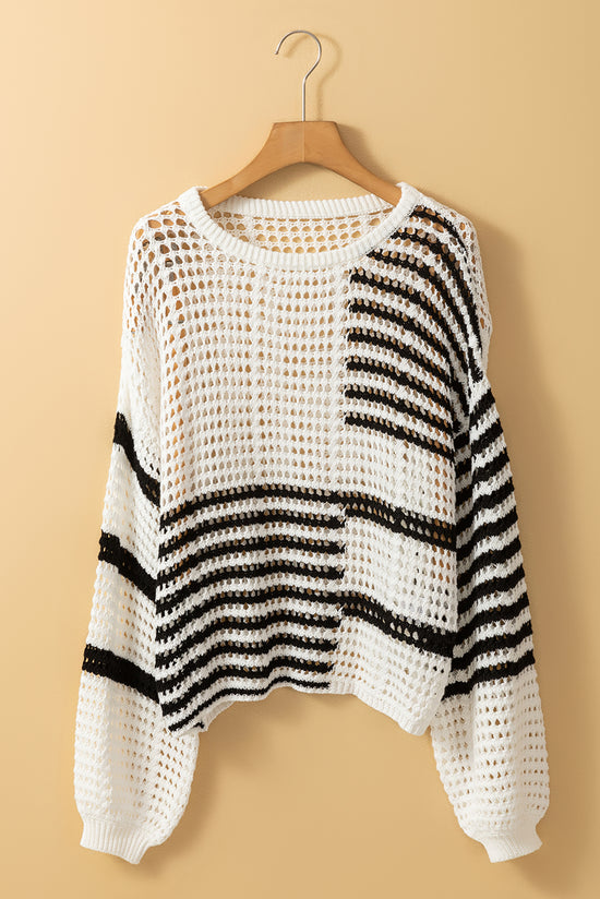 White Contrast Stripe Crochet Puff Sleeve Sweater