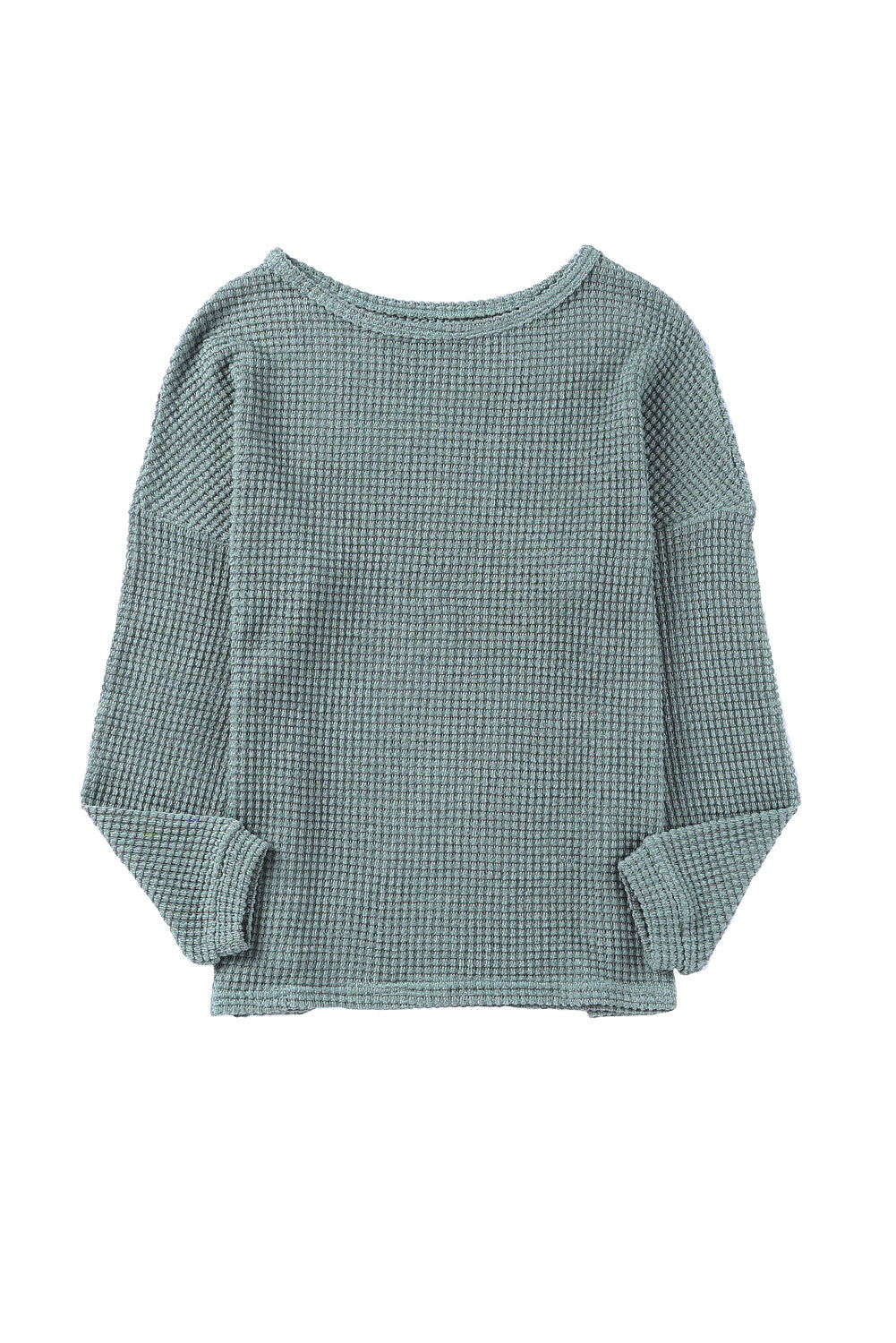 Green Waffle Knit Drop Shoulder Long Sleeve Top