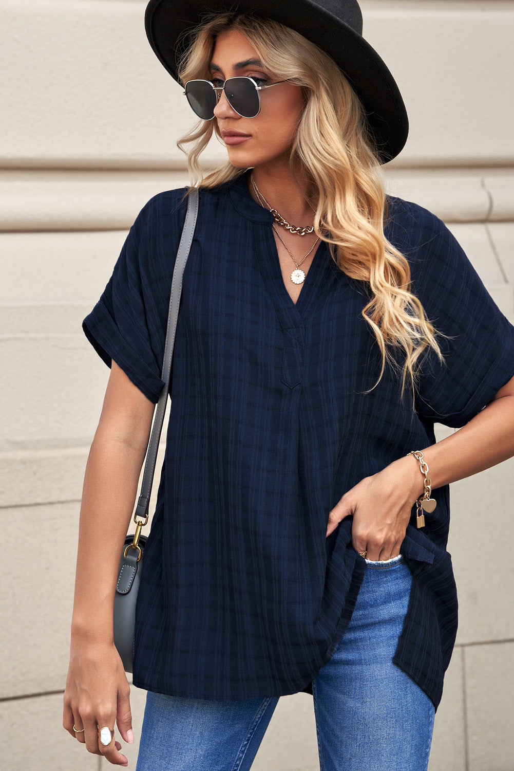 Navy Plaid Print Lose V Neck Kurzarmhemd mit Schlitzen