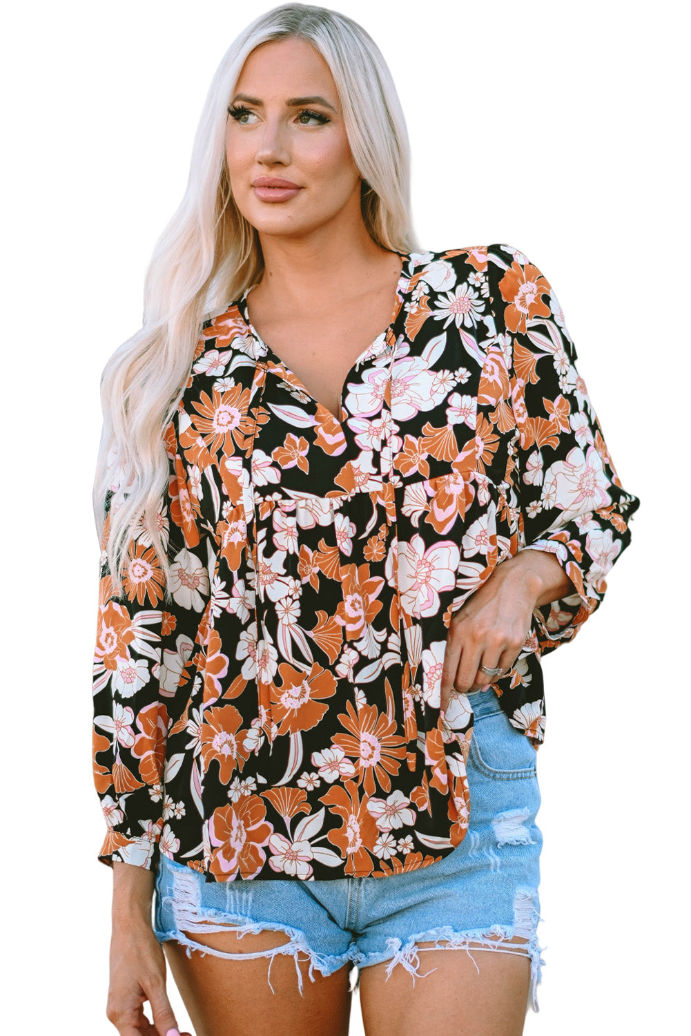 Brown Floral Print 3/4 Sleeve Babydoll Blouse