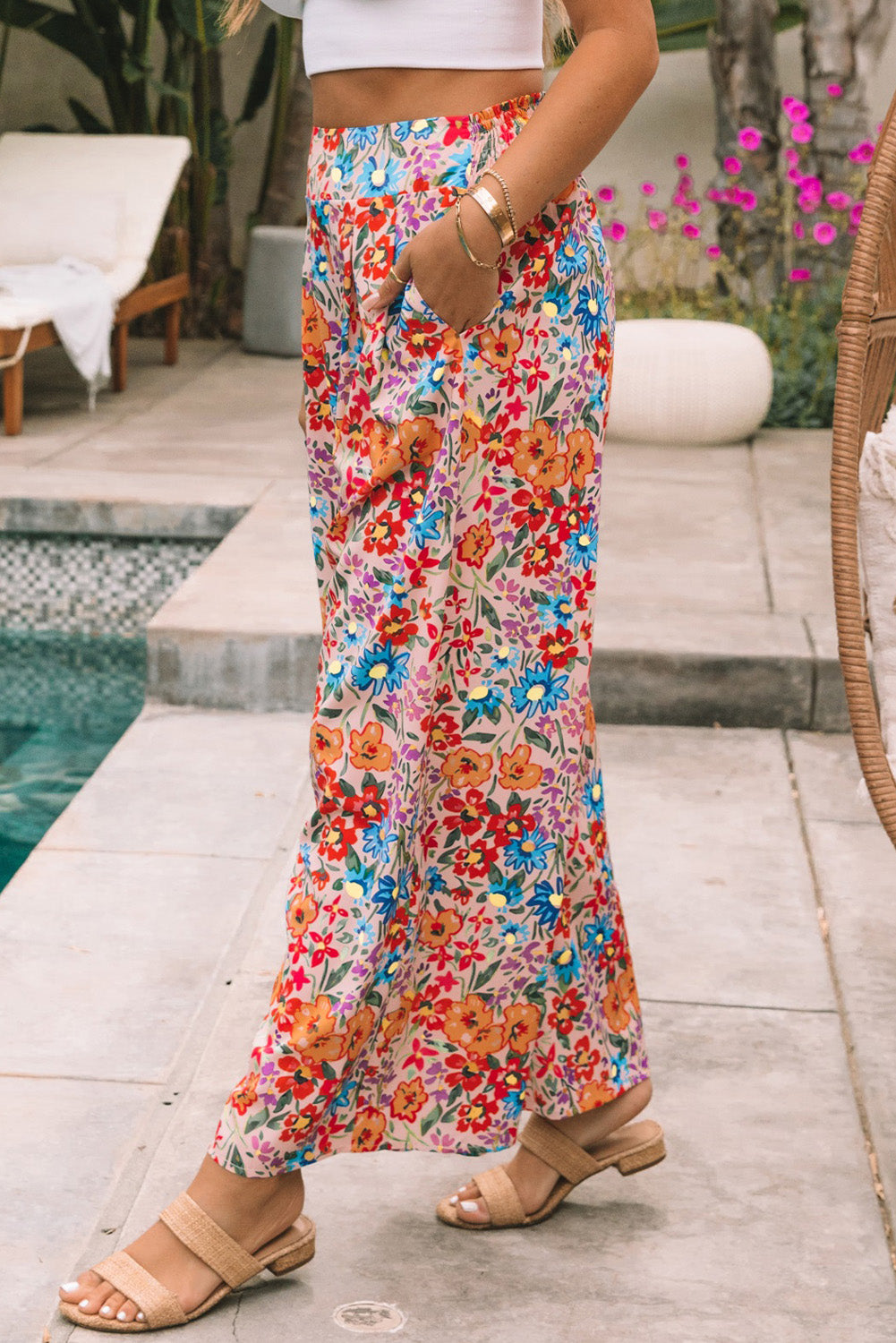 Multicolor Floral Print Pocketed Wide Leg Oversized Pants