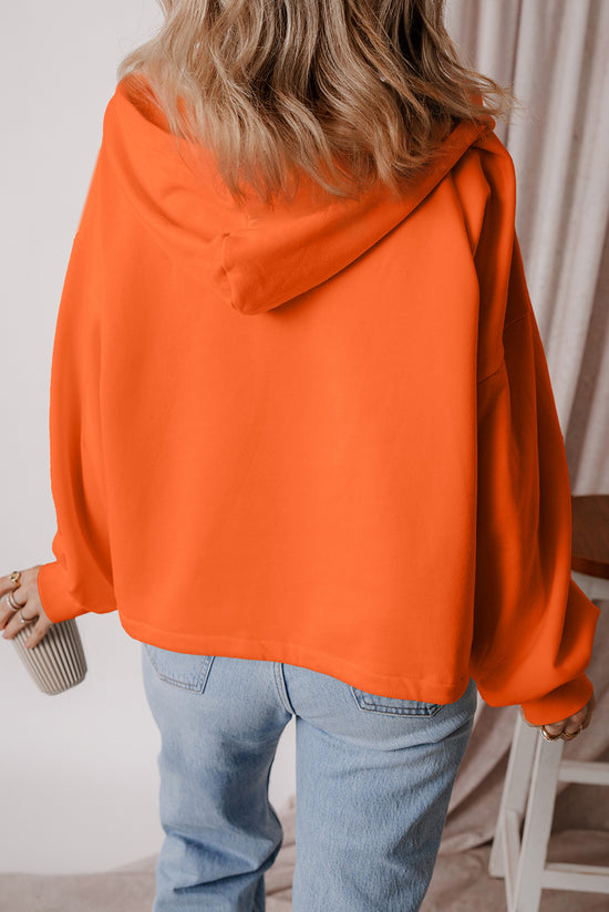 Orange full hooded sweatshirt with kangaroo pockets and semi-ferms flash doubled with fleece