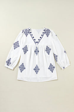 White V -neck blouse and sleeve Boho geometric print bracelet