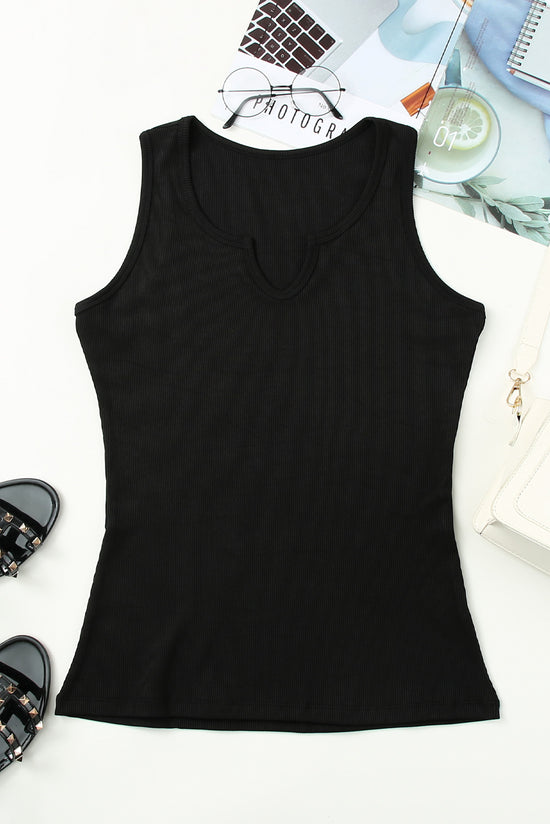 Black ribbed knit tank top with split neck