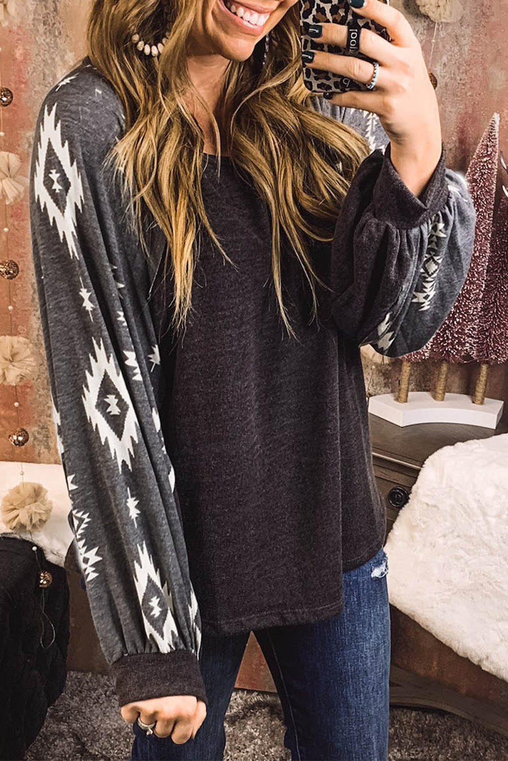 Black long sleeve top with western print patch