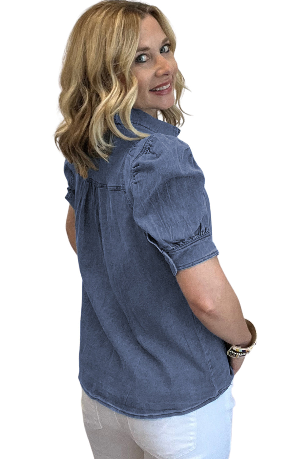 Ashleigh Blue Bubble Manga Button Up Denim Camisa de mezclilla