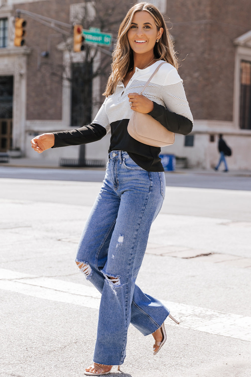 White Striped Colorblock Splicing Henley Top