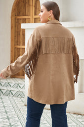 Khaki Suede Jacket with Fringe Trim, Plus Size