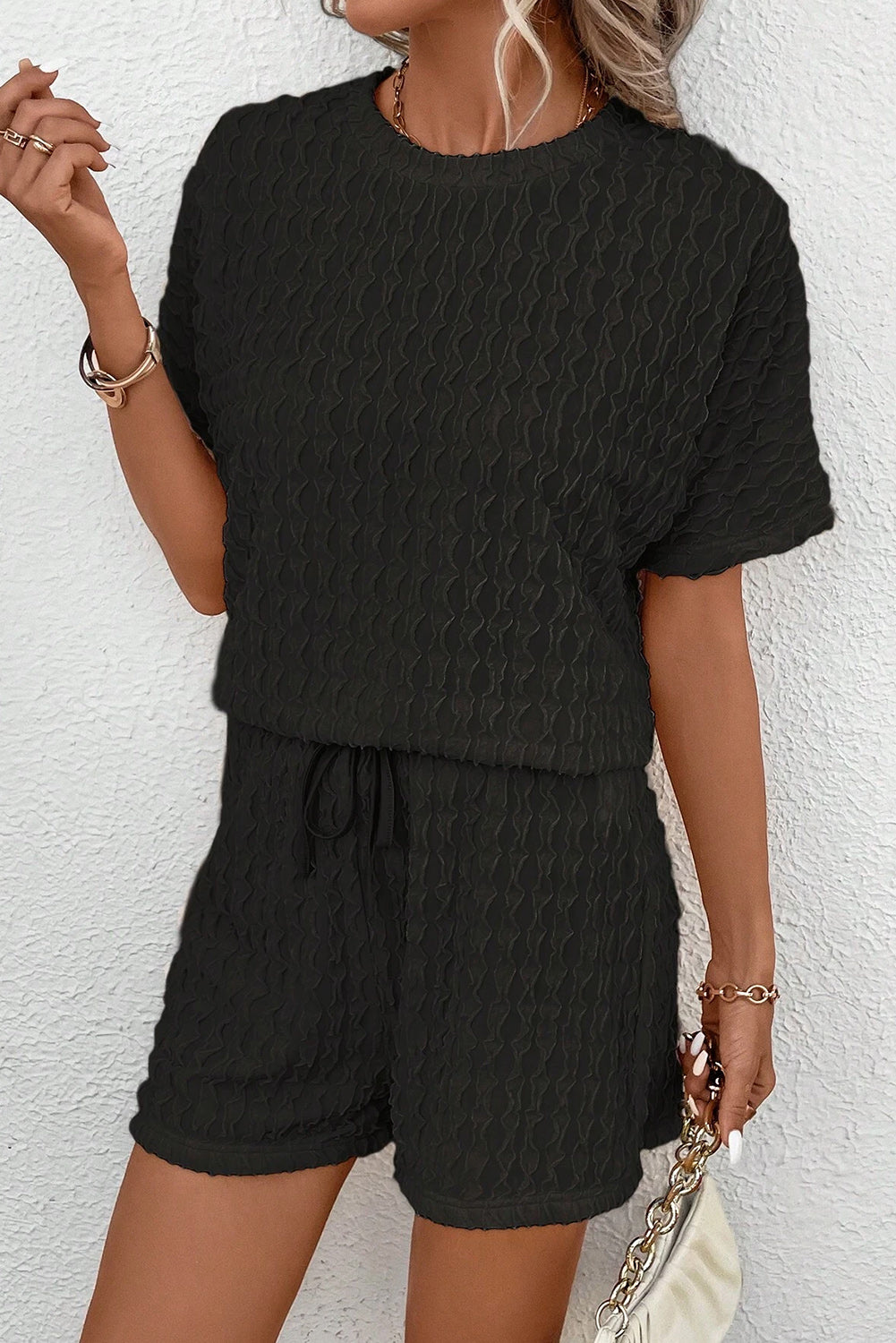 Black Textured Short Sleeve Top and Drawstring Shorts Set