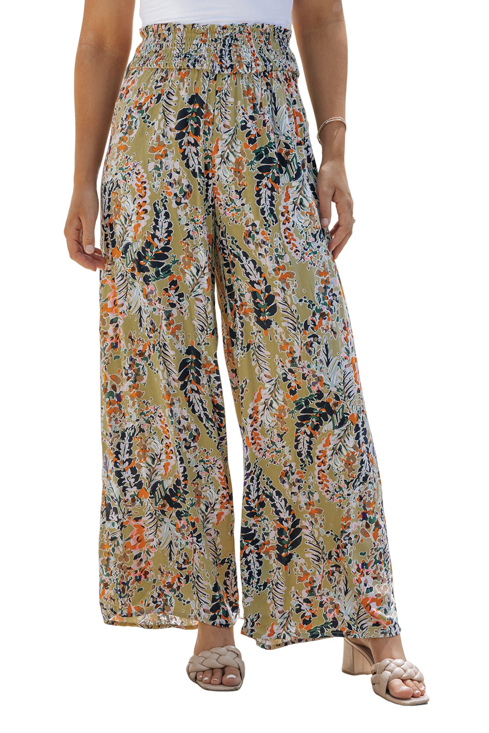 Pantalones casuales de pierna ancha con cintura alta fruncidos y estampado floral multicolor