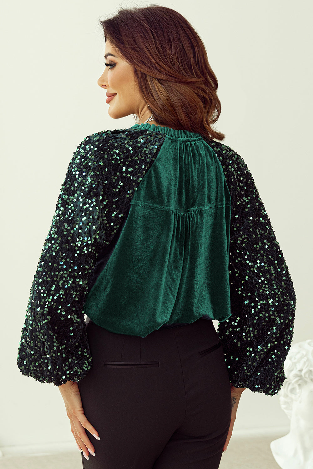 Evergreen Sequin Patchwork Sleeve Button Up Velvet Top