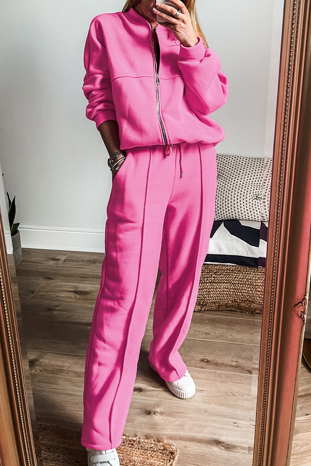 Hot Pink Solid Stitch Zip-Up Jacket and Drawstring Waist Pants Set