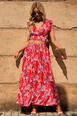 High short -ruffled short and long -red flower skirt with bright red multicolored flowers