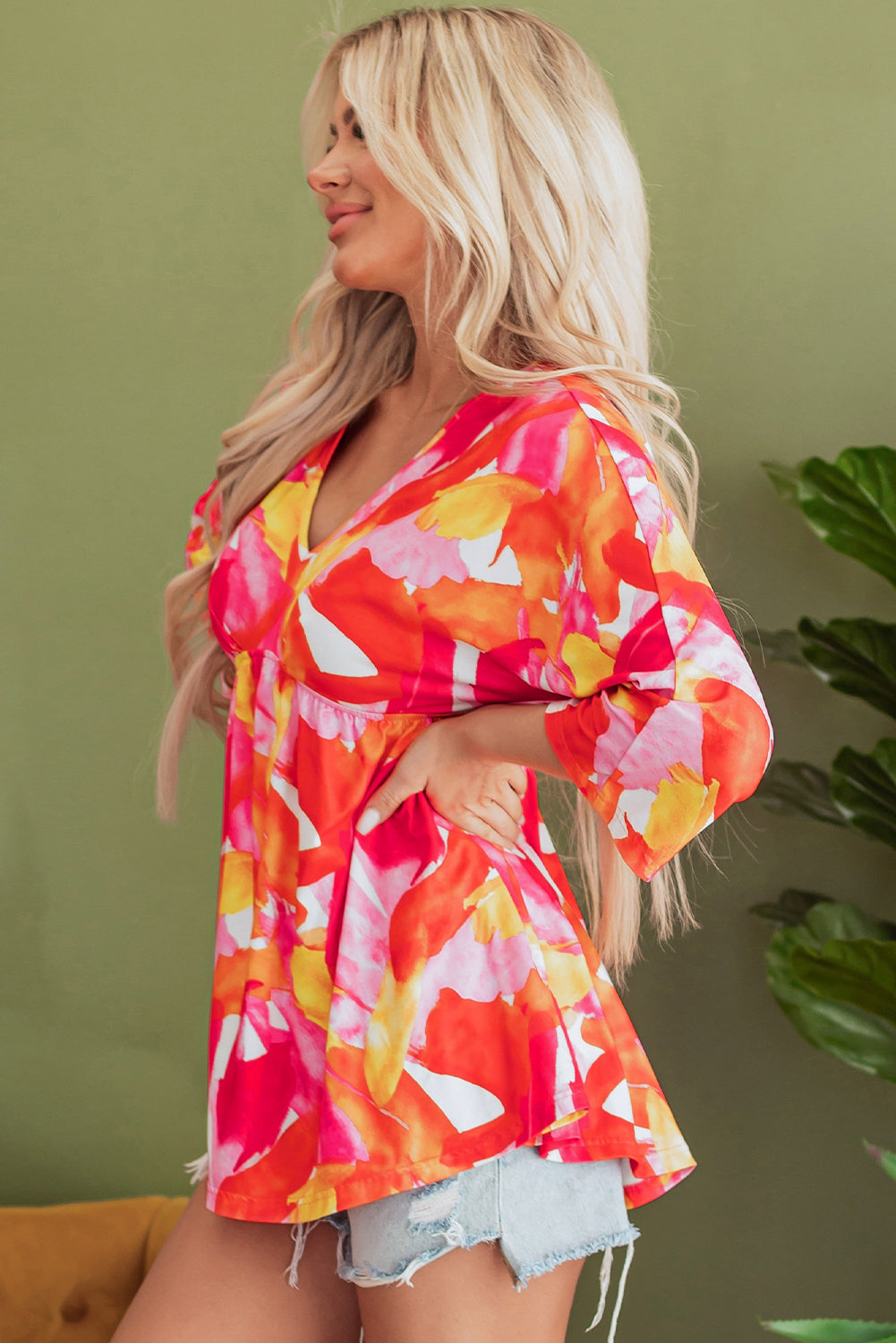 Orange Babydoll blouse with abstract print, 3/4 sleeves, V -neck, flying