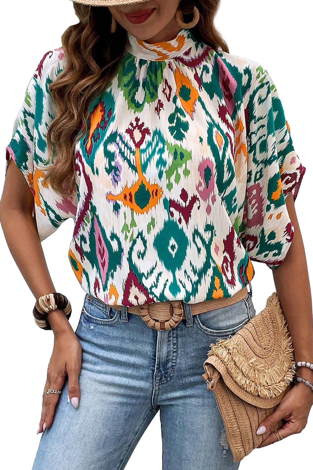 Blusa de manga de bate de cuello alto multicolor estampado occidental