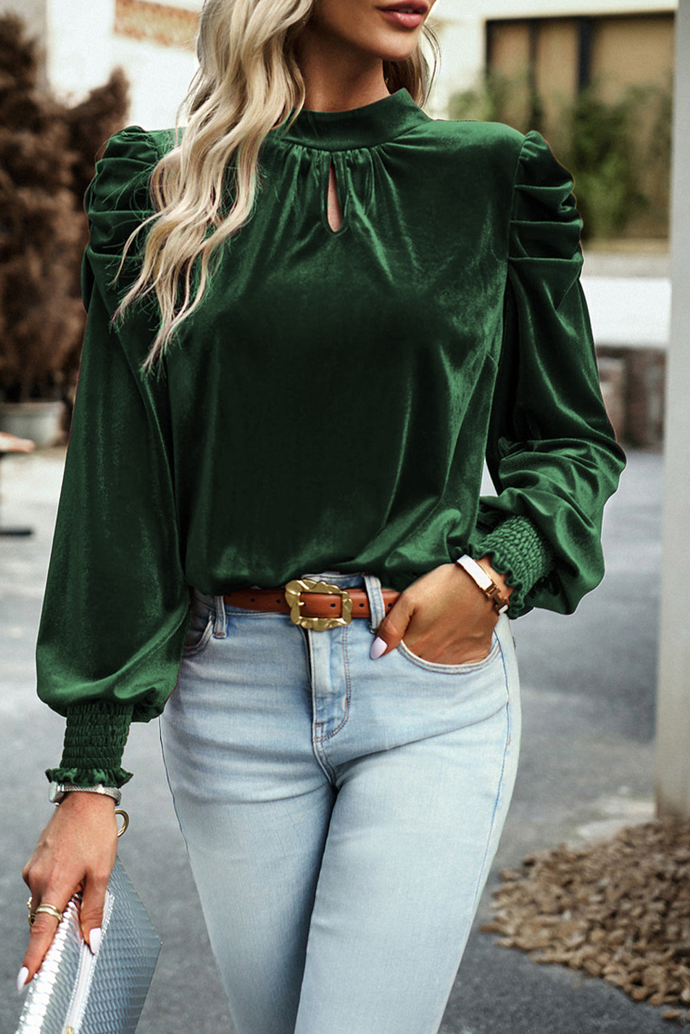 Blackish Green Mock Neck Puff Sleeve Velvet Blouse