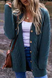 Peacock Blue Cable Knit Button Down Baggy Cardigan with Front Pockets