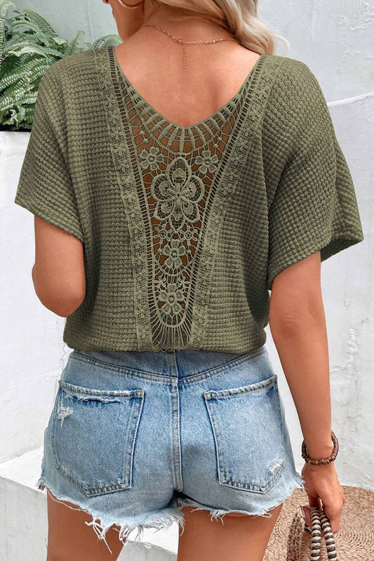 Camiseta texturizada de Moss Green Guipure Lace Patch Textured