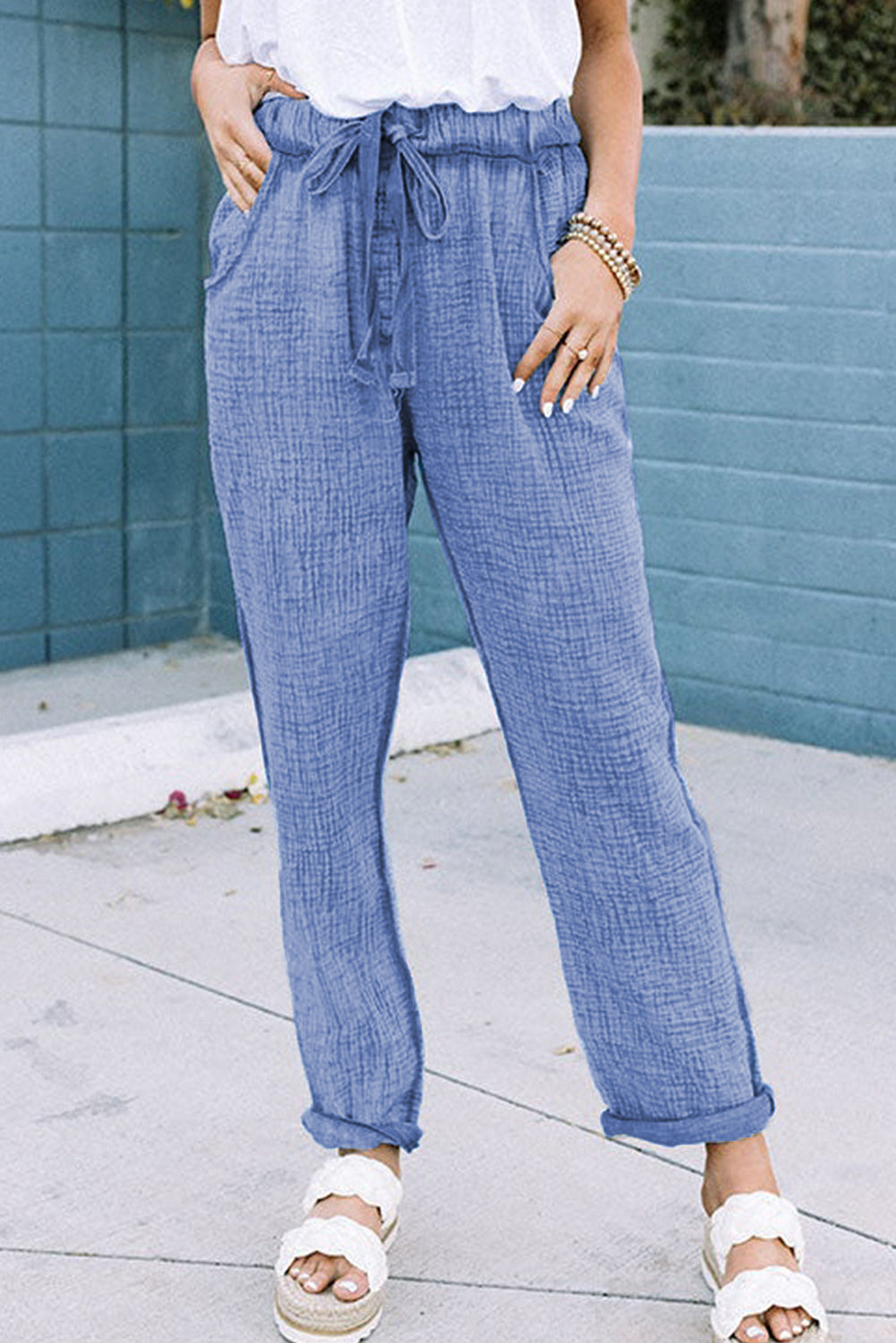 Sky Blue Washed Textured Drawstring Waist Straight Leg Pants