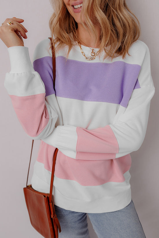 Beige crew neck sweatshirt with dropped shoulders in color block patchwork