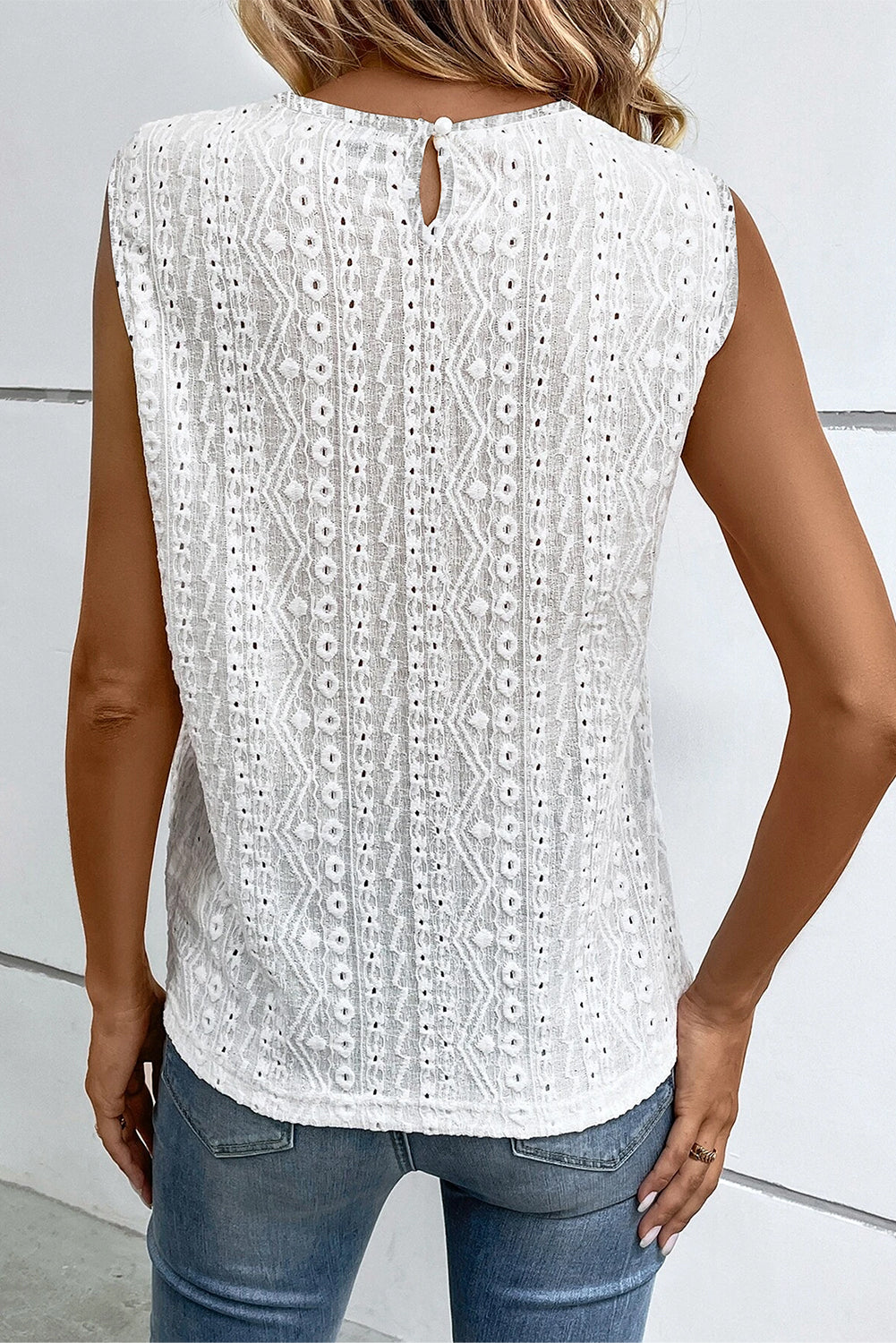 Cabellado de crochet de encaje blanco Guipure Camiseta trasera