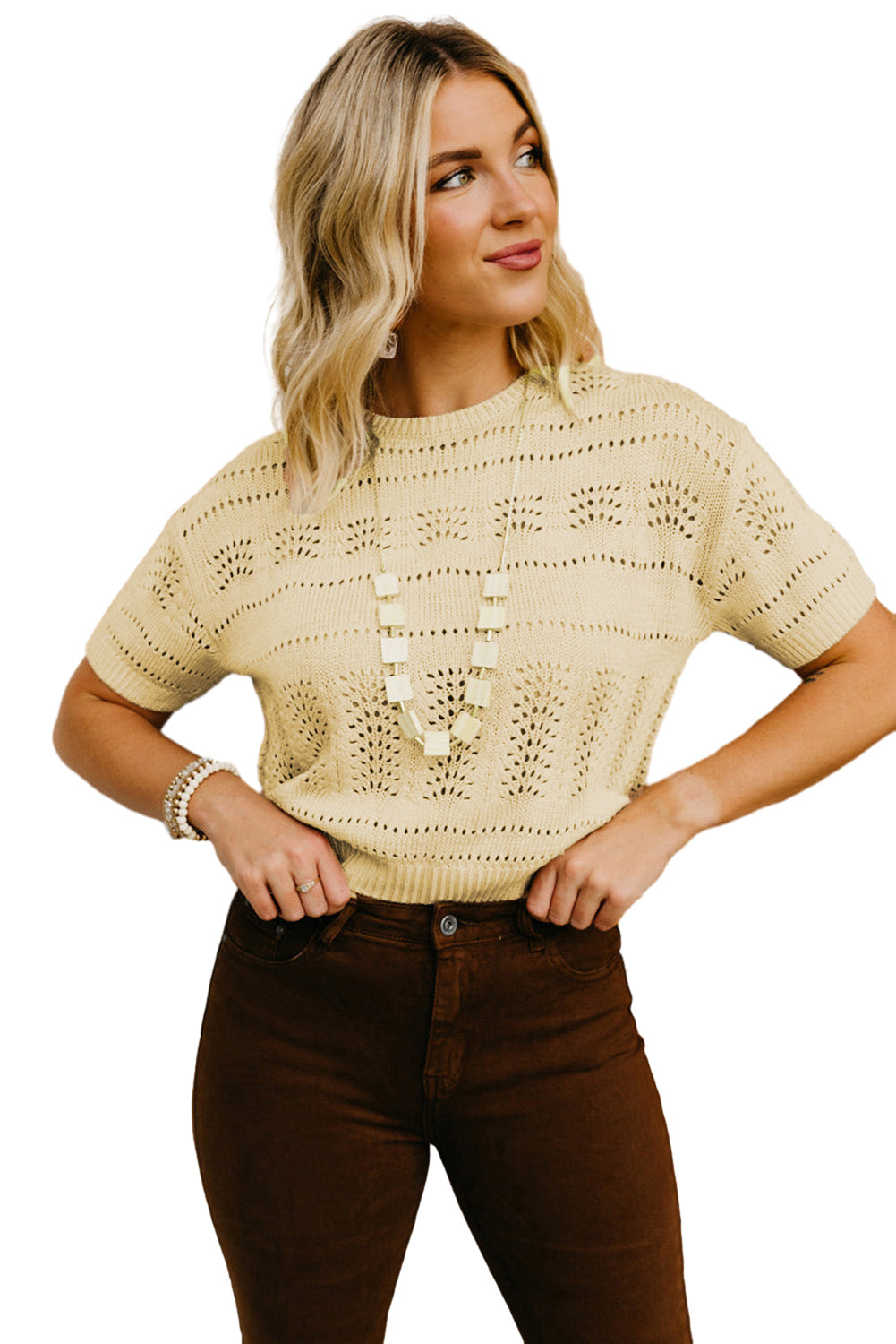 Pull à récolte à manches courtes creux en tricot beige