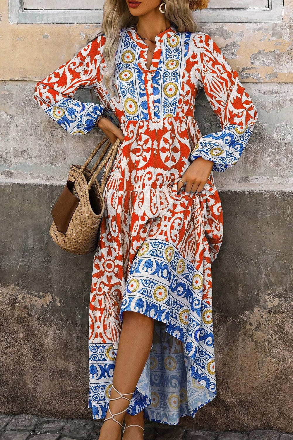 Orange Boho Geometrisch gedrucktes Langarm -Maxikleid