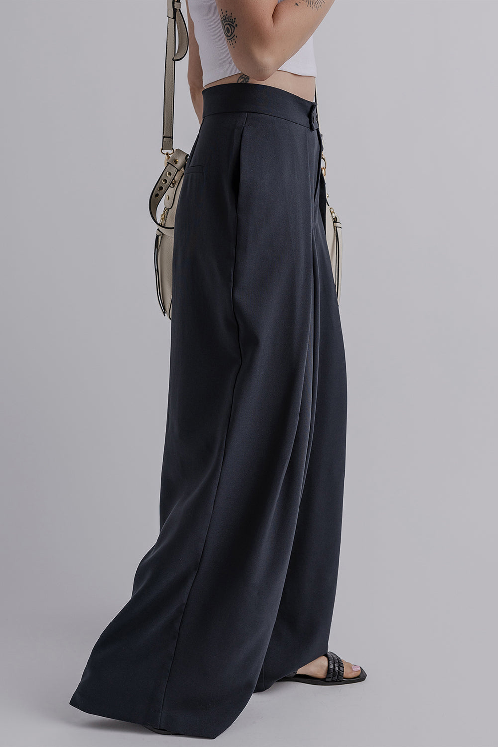 Dirty Blue Double Button High Waist Pleated Wide Leg Pants