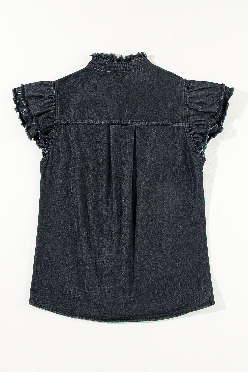 Black Button Front Ruffled Flattern Franed Denim Top