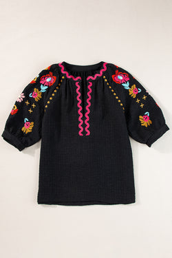 Black textured blouse with puffy sleeves and Ricrac floral embroidery