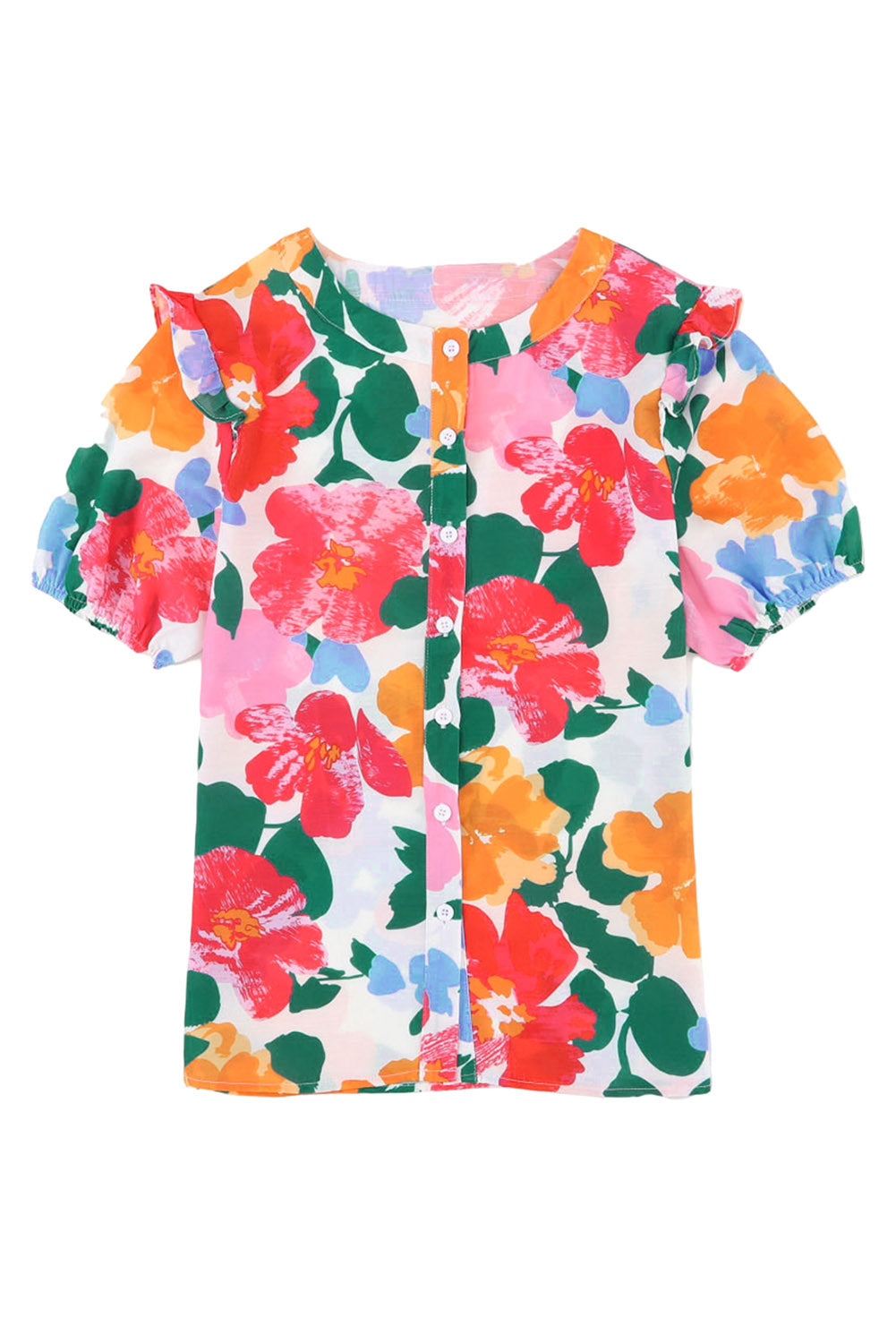 Chemise à manches bouffantes à volants à imprimé floral multicolore