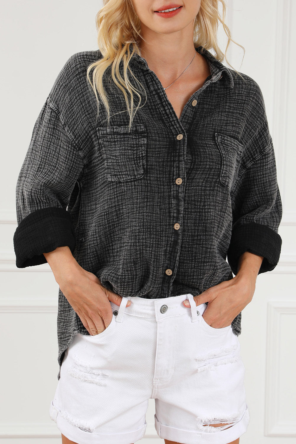 Black Mineral Wash Crinkle Textured Chest Pockets Shirt