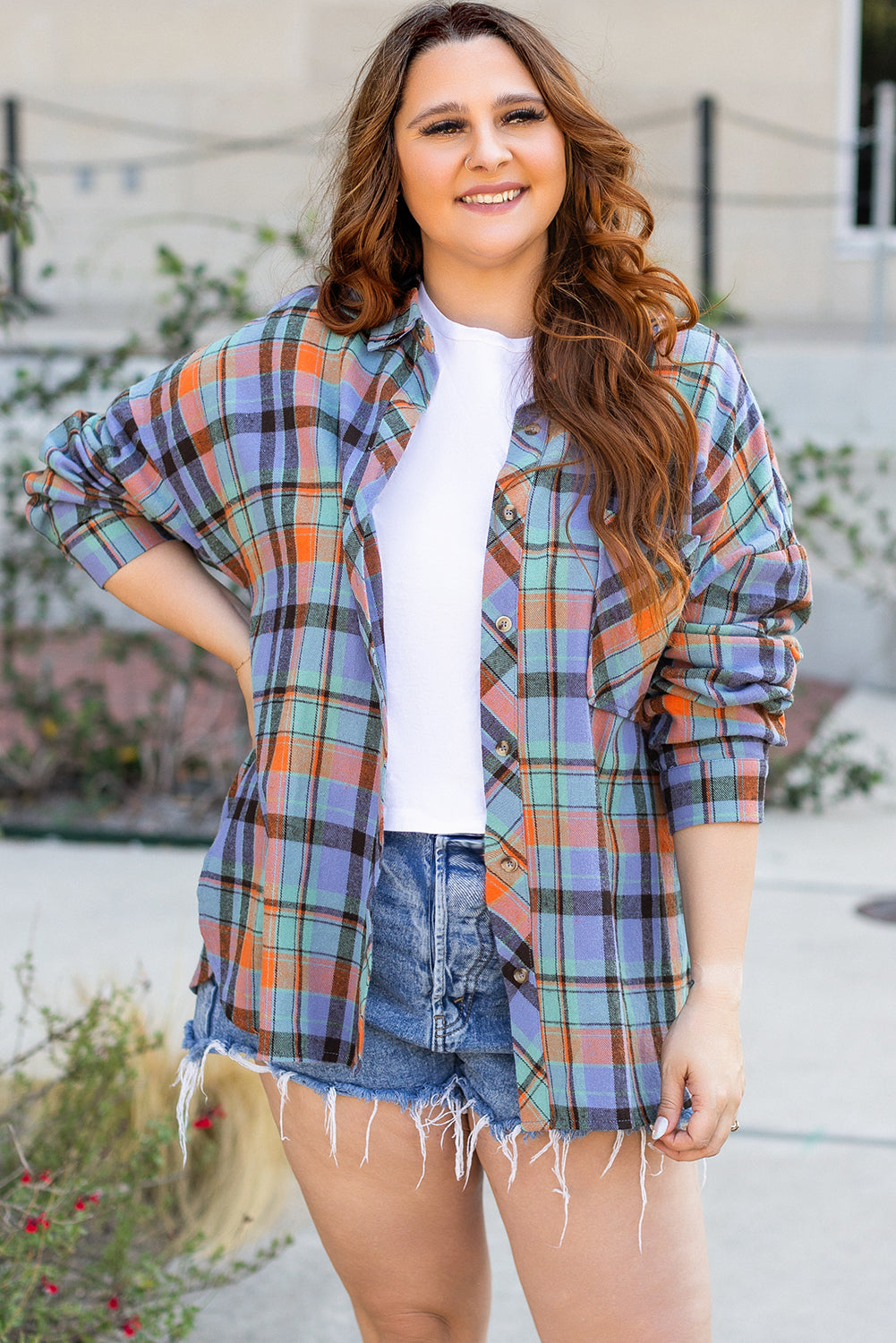 Chemise Boutonnée Imprimée à Carreaux Orange Grande Taille