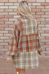 Khaki color block plaid patchwork high low shacket