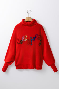 Fiery Red Mock Neck Sweater with Christmas Holly Jolly Tinsel Pattern