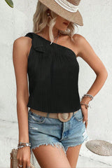 Débardeur asymétrique noir texturé à nœud papillon-A WOMAN WE LOVE