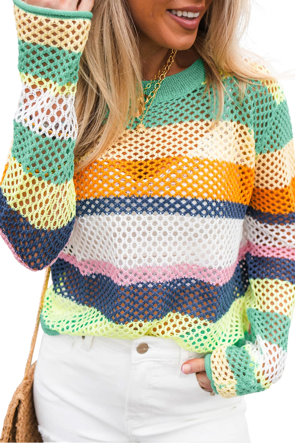 Pull à œillets en tricot patchwork color block vert