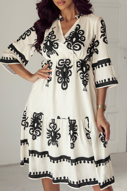 Beige loose midi dress with western geometric print and 3/4 sleeves