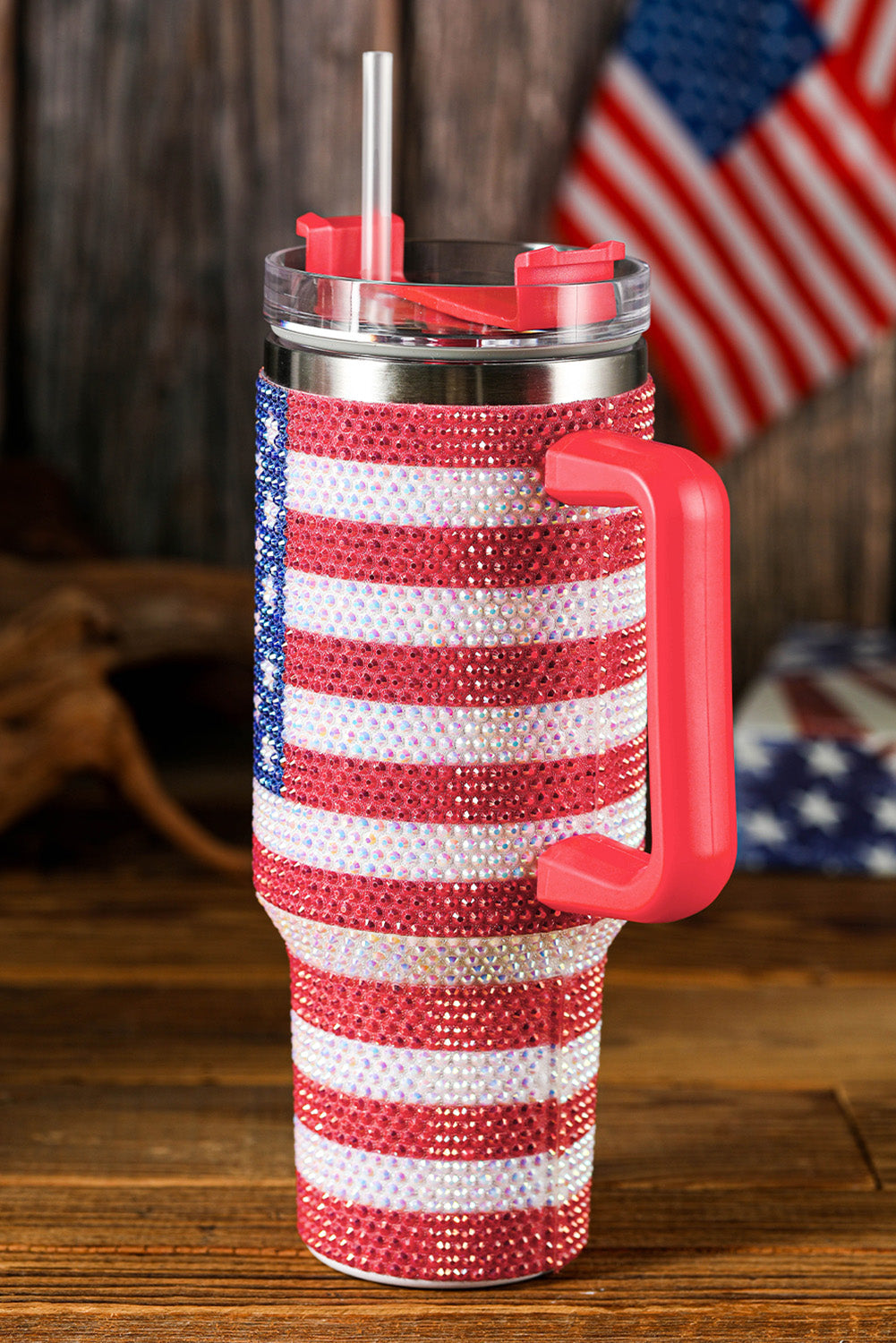 Gobelet thermos de 40 oz avec imprimé drapeau américain en strass rouge