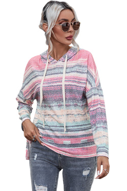 Multicolor Striped Printed Cable Knit Drop Shoulder Hoodie