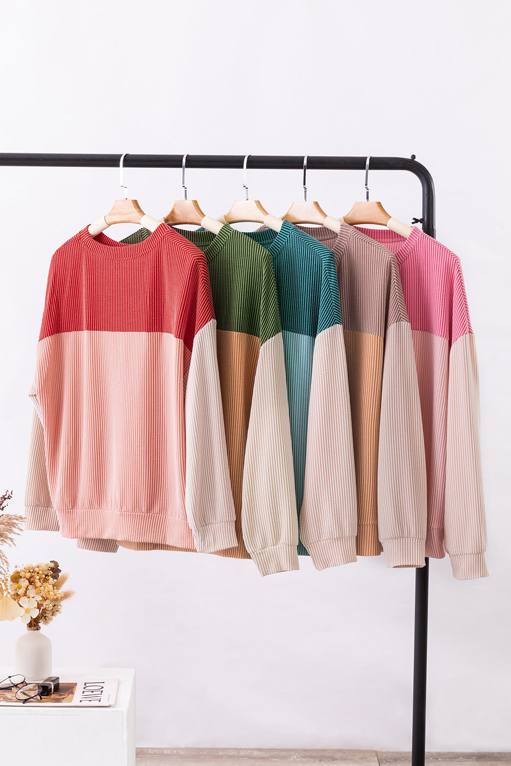 Pink Color Block Long Sleeve Ribbed Loose Top