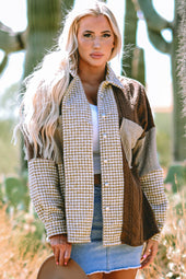 Khaki Houndstooth Color Contrast Textured Patchwork Loose Jacket